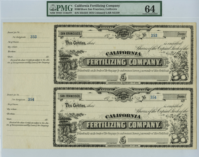 California Fertilizing Co. - Unissued Pair of Stock Certificates